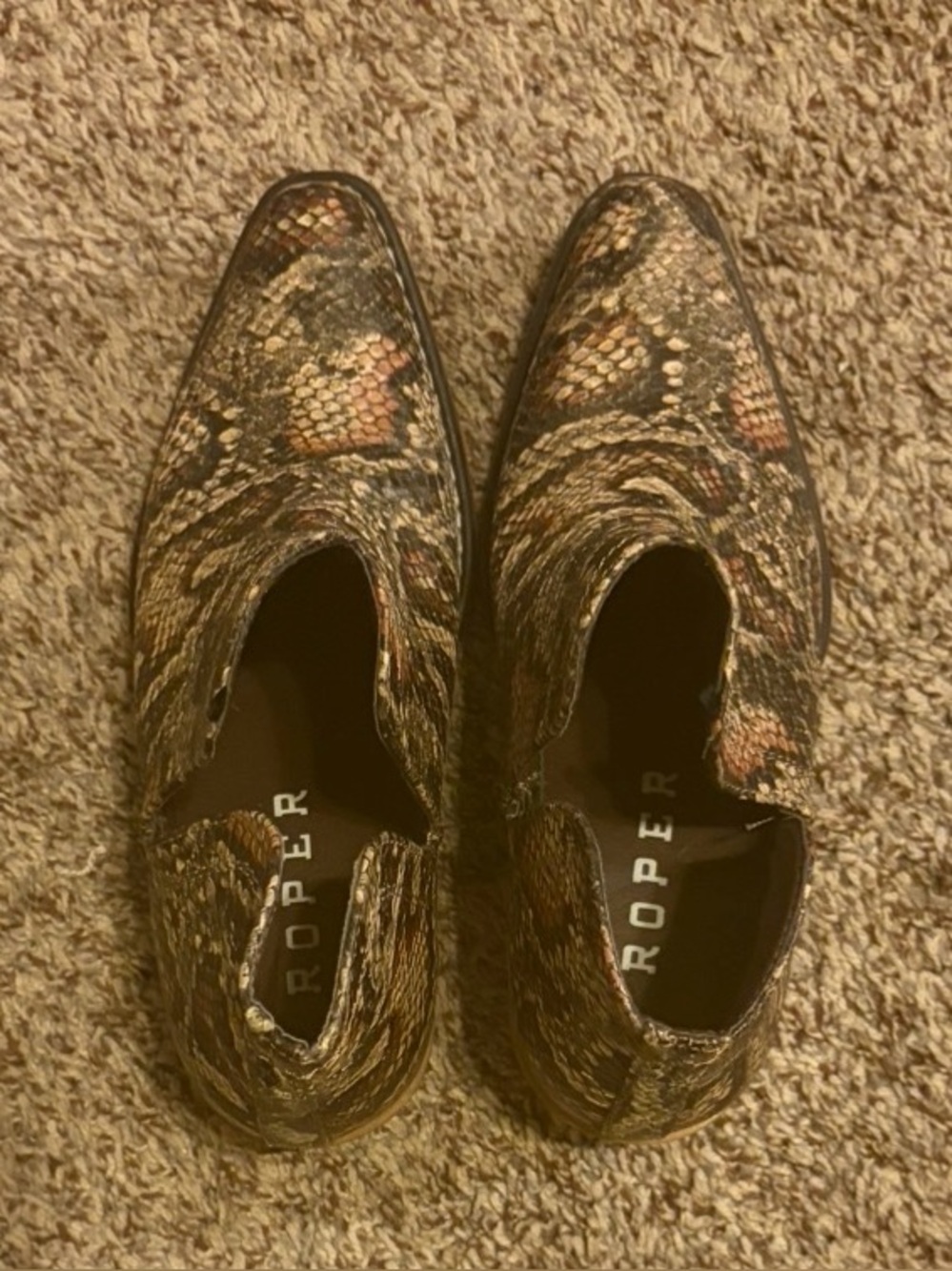 Roper Ava Snake-Print snip toe Ankle Booties in Brown and Black